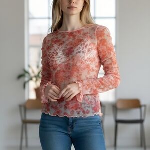 NWT Zara Sheer Top Orange Women's Size S Gathered Sleeves Rose Floral Design